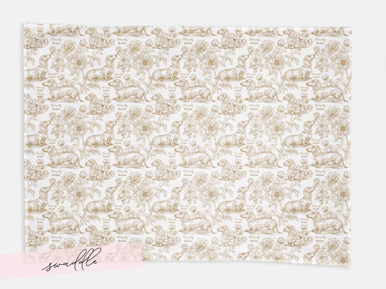 Dachshund Swaddle Blanket Matching Hat Toile Design Gold Floral Nursery Bedding Newborn Photography Prop Jersey Fabric Baby Accessory Minky - Charles Alex