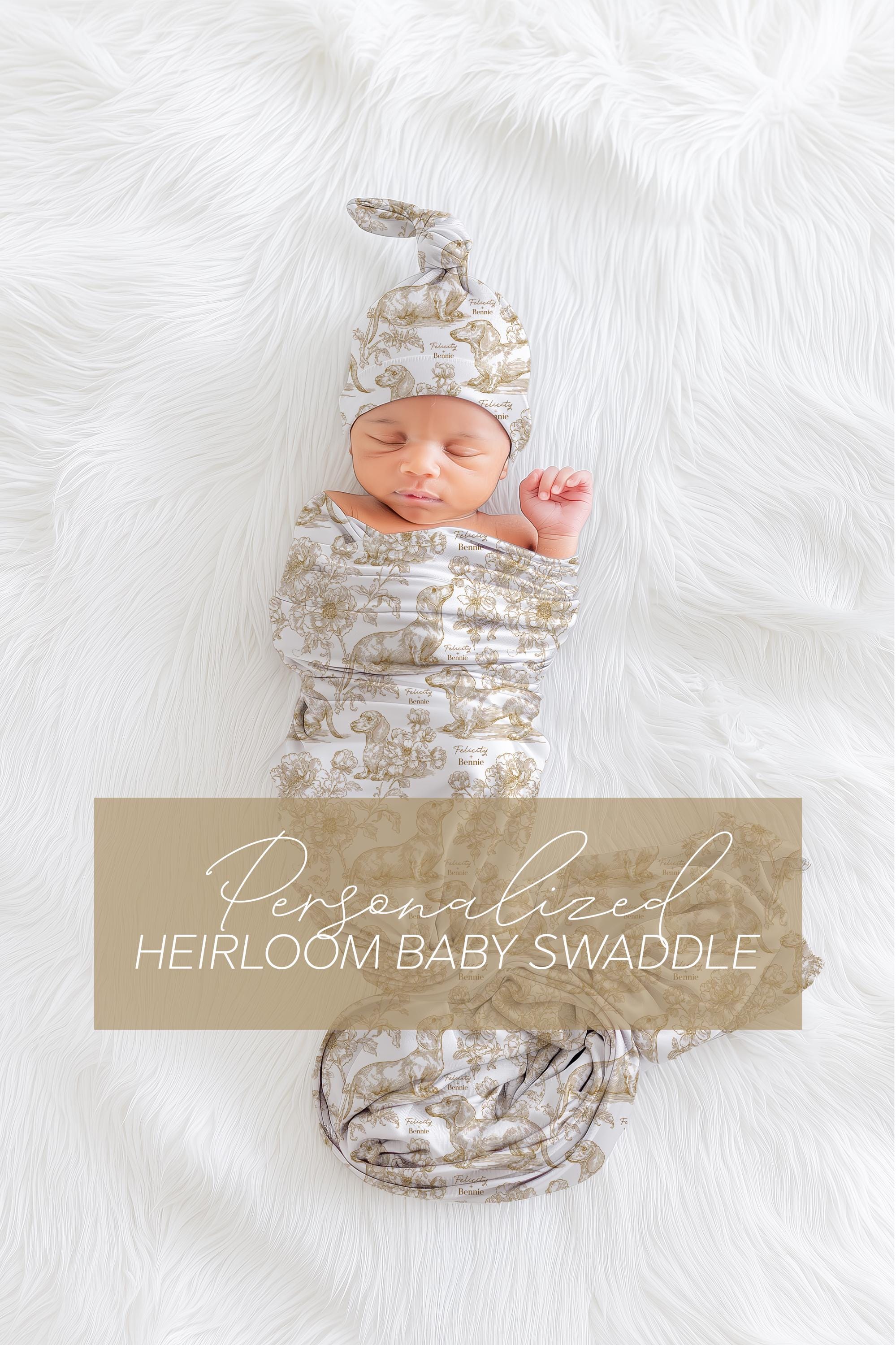 Dachshund Swaddle Blanket Matching Hat Toile Design Gold Floral Nursery Bedding Newborn Photography Prop Jersey Fabric Baby Accessory Minky - Charles Alex