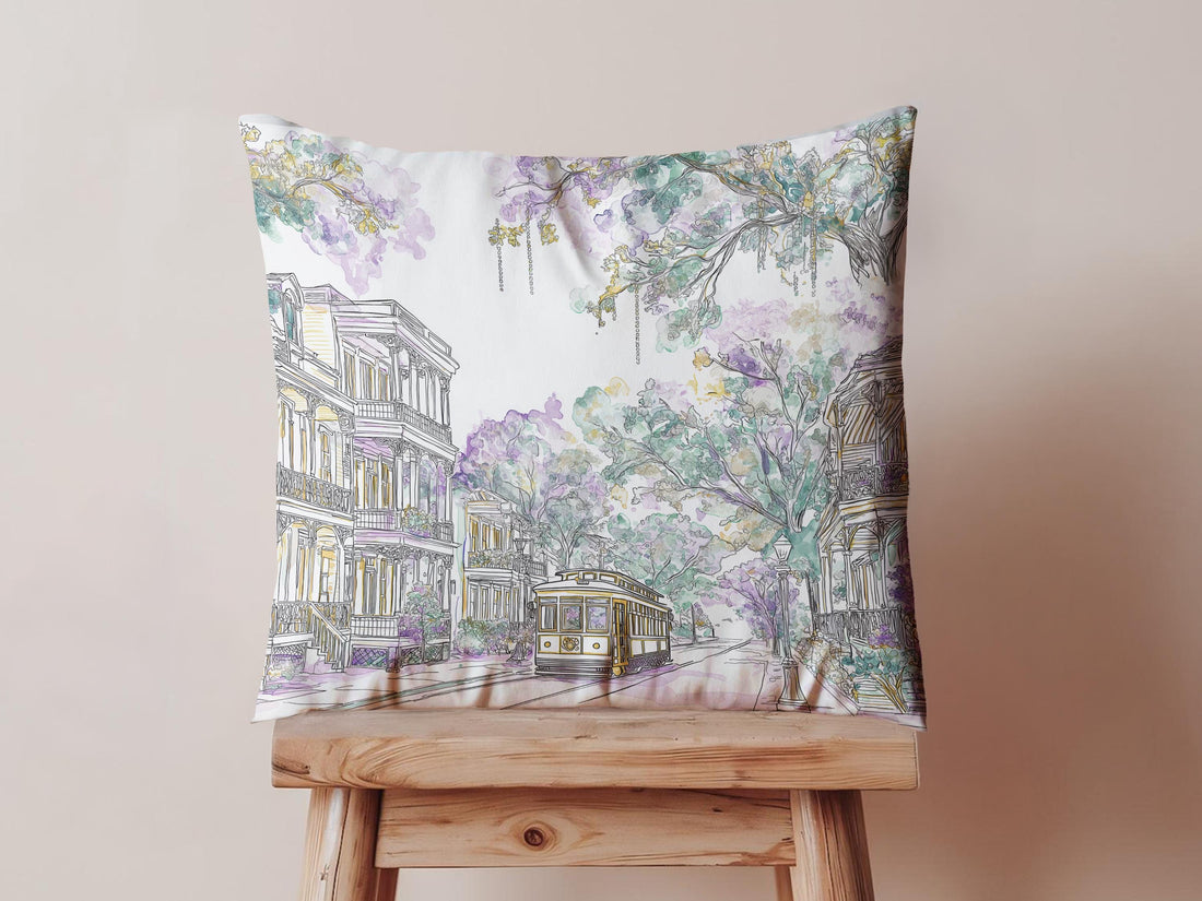 Mardi Gras Pillow Watercolor New Orleans Streetcar Cushion St Charles Ave Houses Pastel  Bead Tree Décor Gift for Her Southern Design Print - Charles Alex