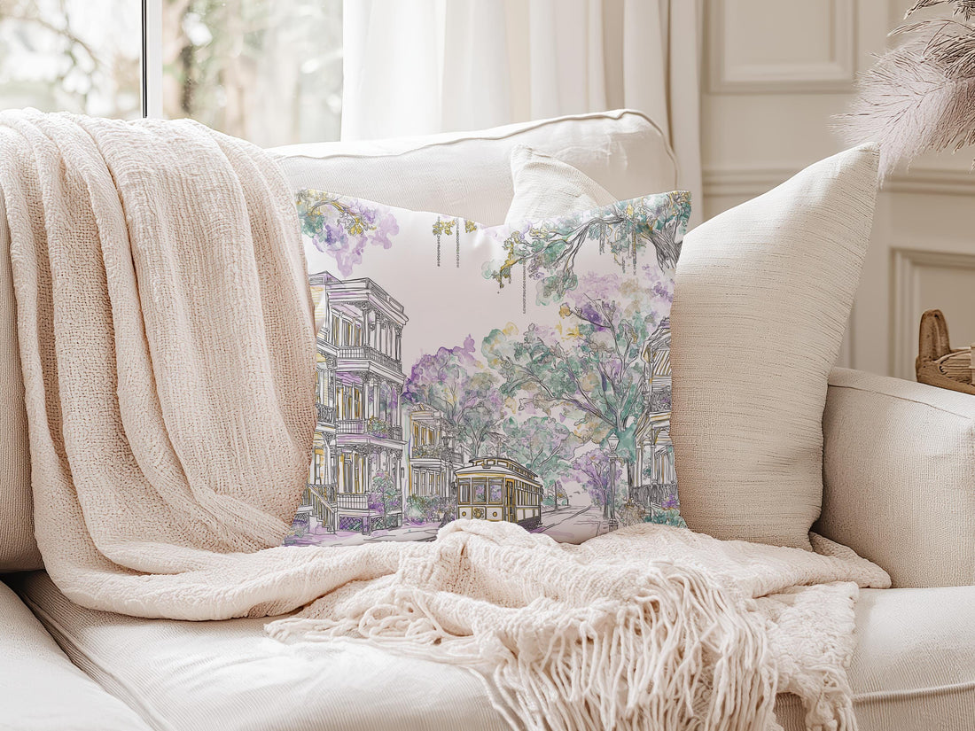 Mardi Gras Pillow Watercolor New Orleans Streetcar Cushion St Charles Ave Houses Pastel  Bead Tree Décor Gift for Her Southern Design Print - Charles Alex