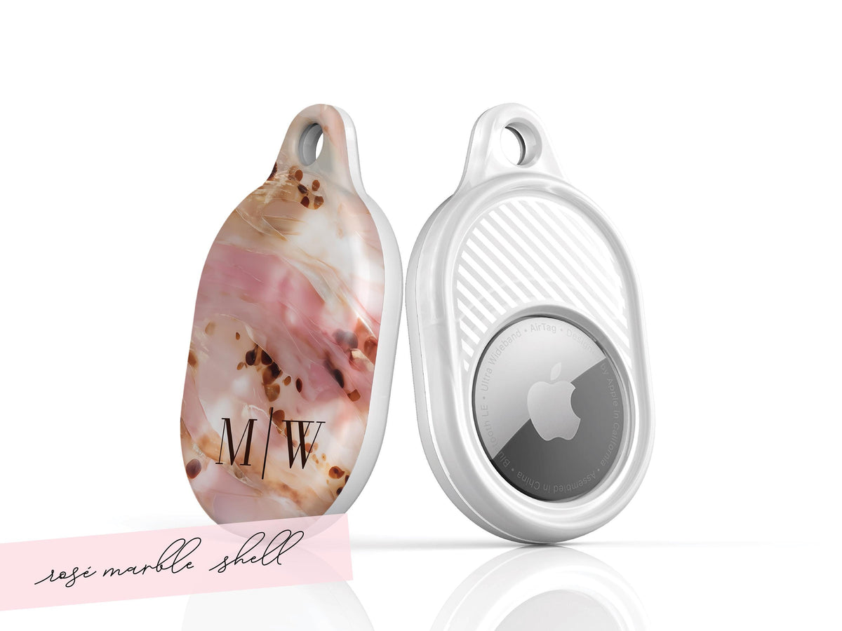 Tortoise Shell AirTag Case Personalized Rose Marble Initial Keychain Holder Chic Luggage Backpack Purse Accessory Gift For Her Travel Keys - Charles Alex