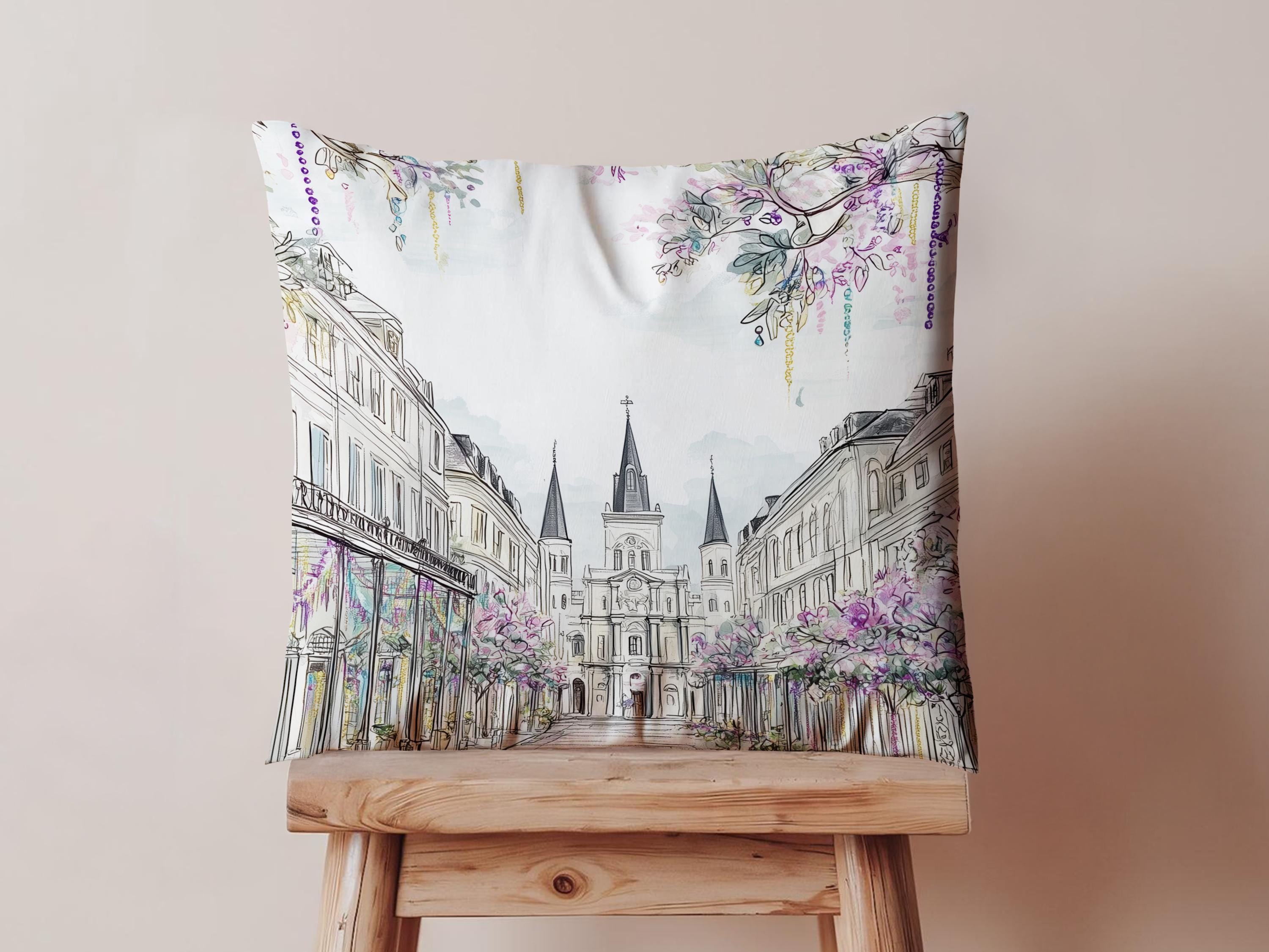 New Orleans Mardi Gras Pillow Beads Jackson Square St Louis Cathedral Illustration Floral French Quarter Decor Spring Sofa Accent Cushion - Charles Alex
