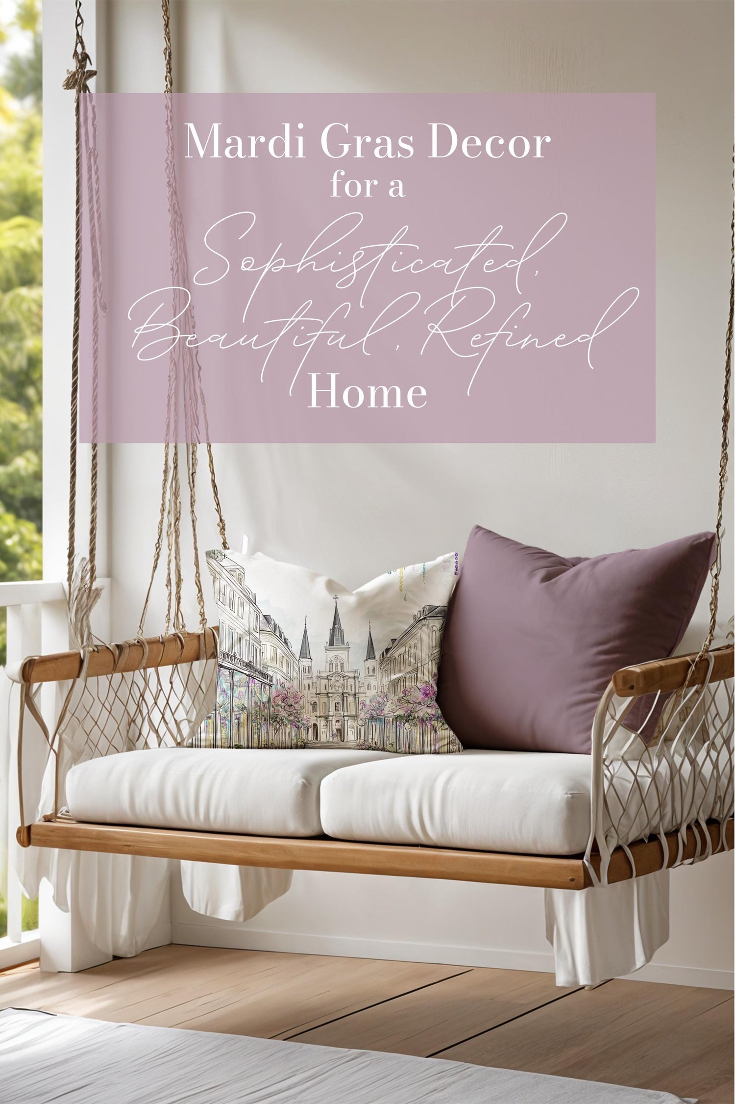 New Orleans Mardi Gras Pillow Beads Jackson Square St Louis Cathedral Illustration Floral French Quarter Decor Spring Sofa Accent Cushion - Charles Alex