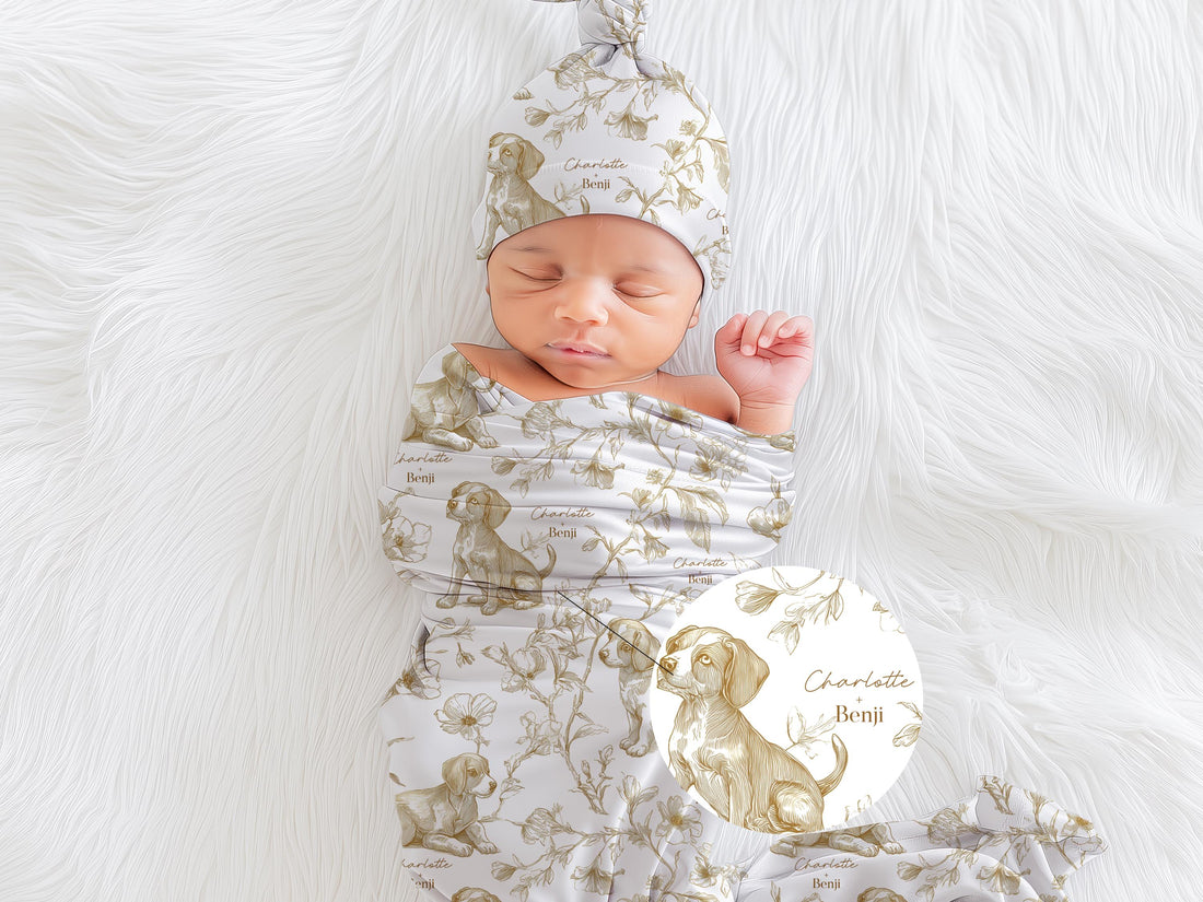 Beagle Baby Gift Personalized Puppy Swaddle Blanket With Name Newborn Girl Hospital Photo Prop Floral Toile Dog Print Custom Shower Present