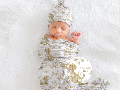 Beagle Baby Gift Personalized Puppy Swaddle Blanket With Name Newborn Girl Hospital Photo Prop Floral Toile Dog Print Custom Shower Present - Charles Alex