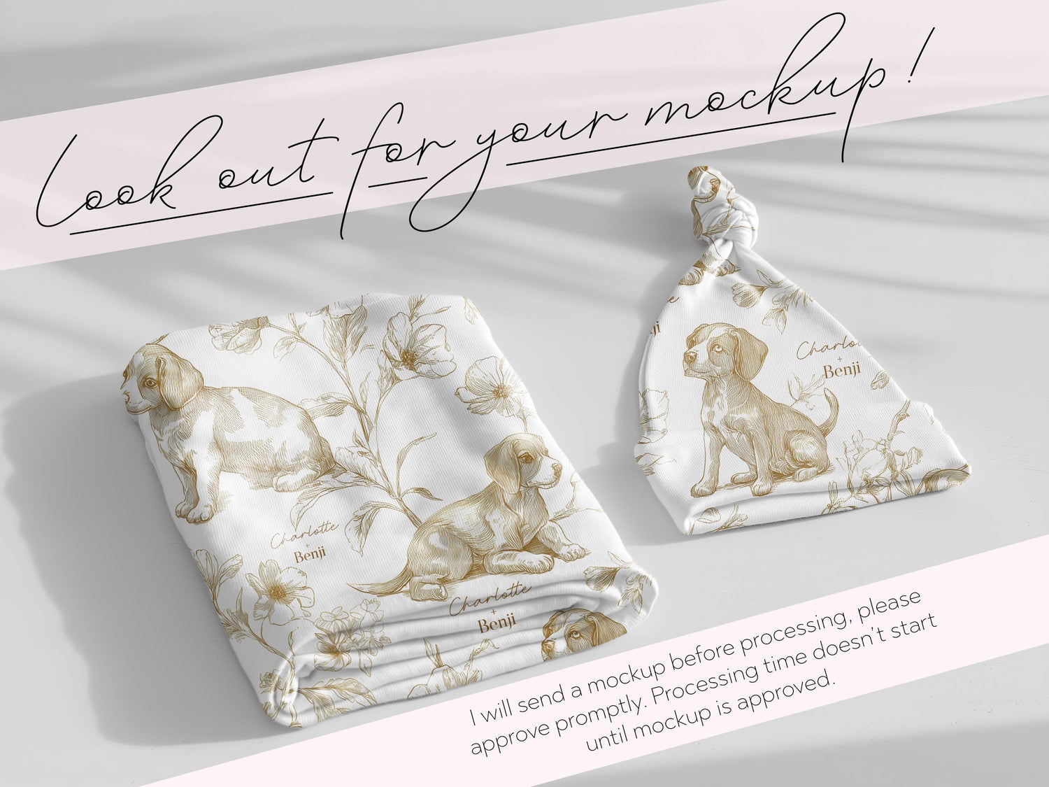 Beagle Baby Gift Personalized Puppy Swaddle Blanket With Name Newborn Girl Hospital Photo Prop Floral Toile Dog Print Custom Shower Present - Charles Alex