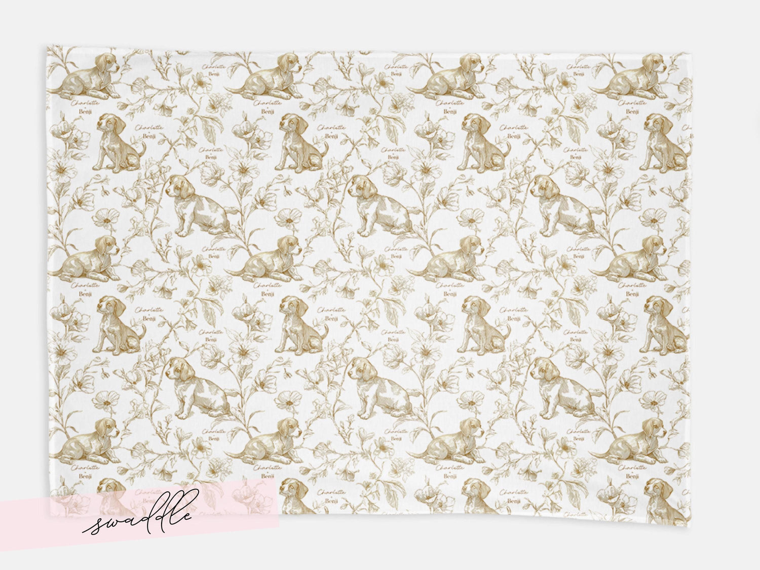 Beagle Baby Gift Personalized Puppy Swaddle Blanket With Name Newborn Girl Hospital Photo Prop Floral Toile Dog Print Custom Shower Present - Charles Alex