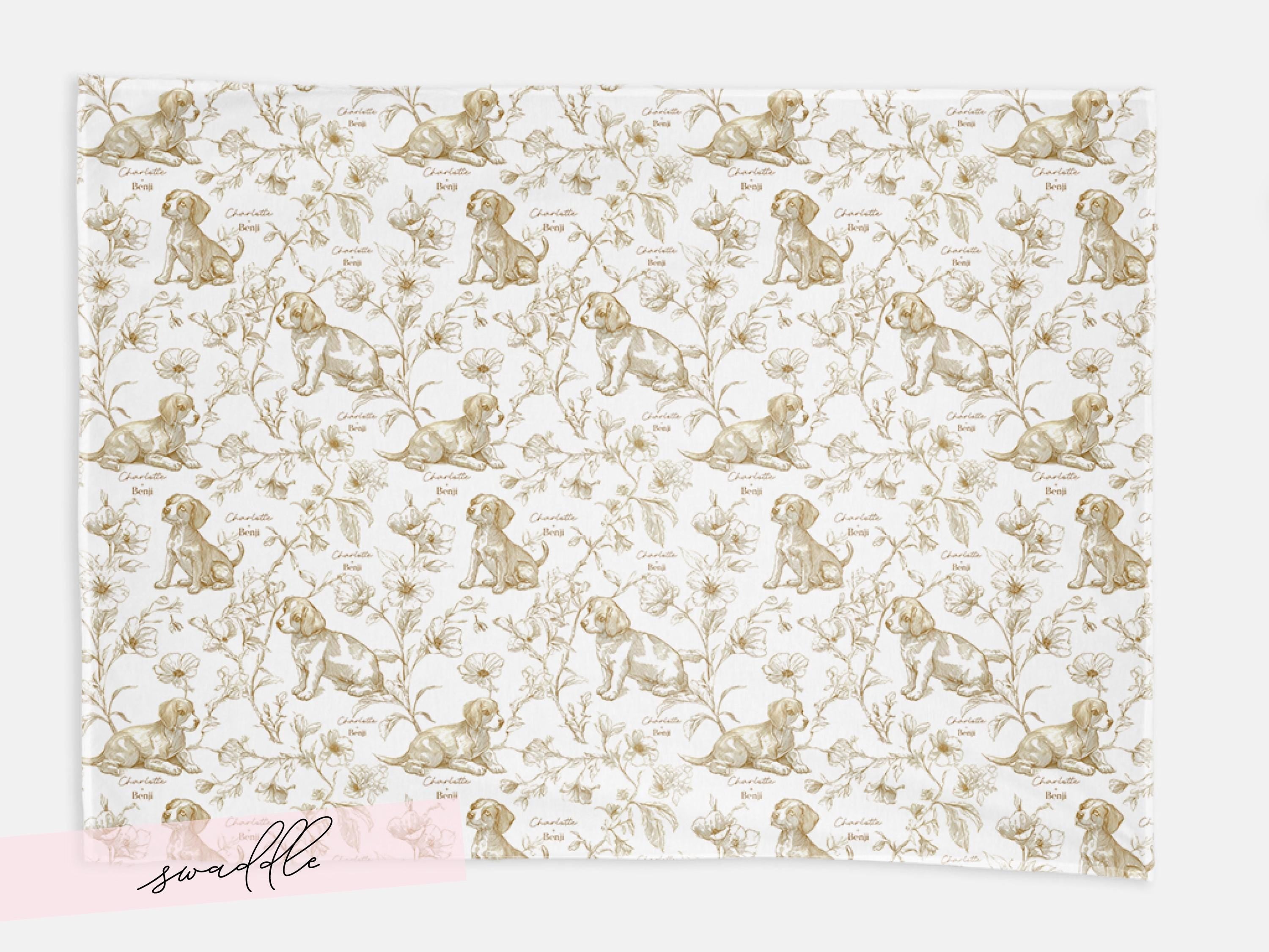 Beagle Baby Gift Personalized Puppy Swaddle Blanket With Name Newborn Girl Hospital Photo Prop Floral Toile Dog Print Custom Shower Present - Charles Alex
