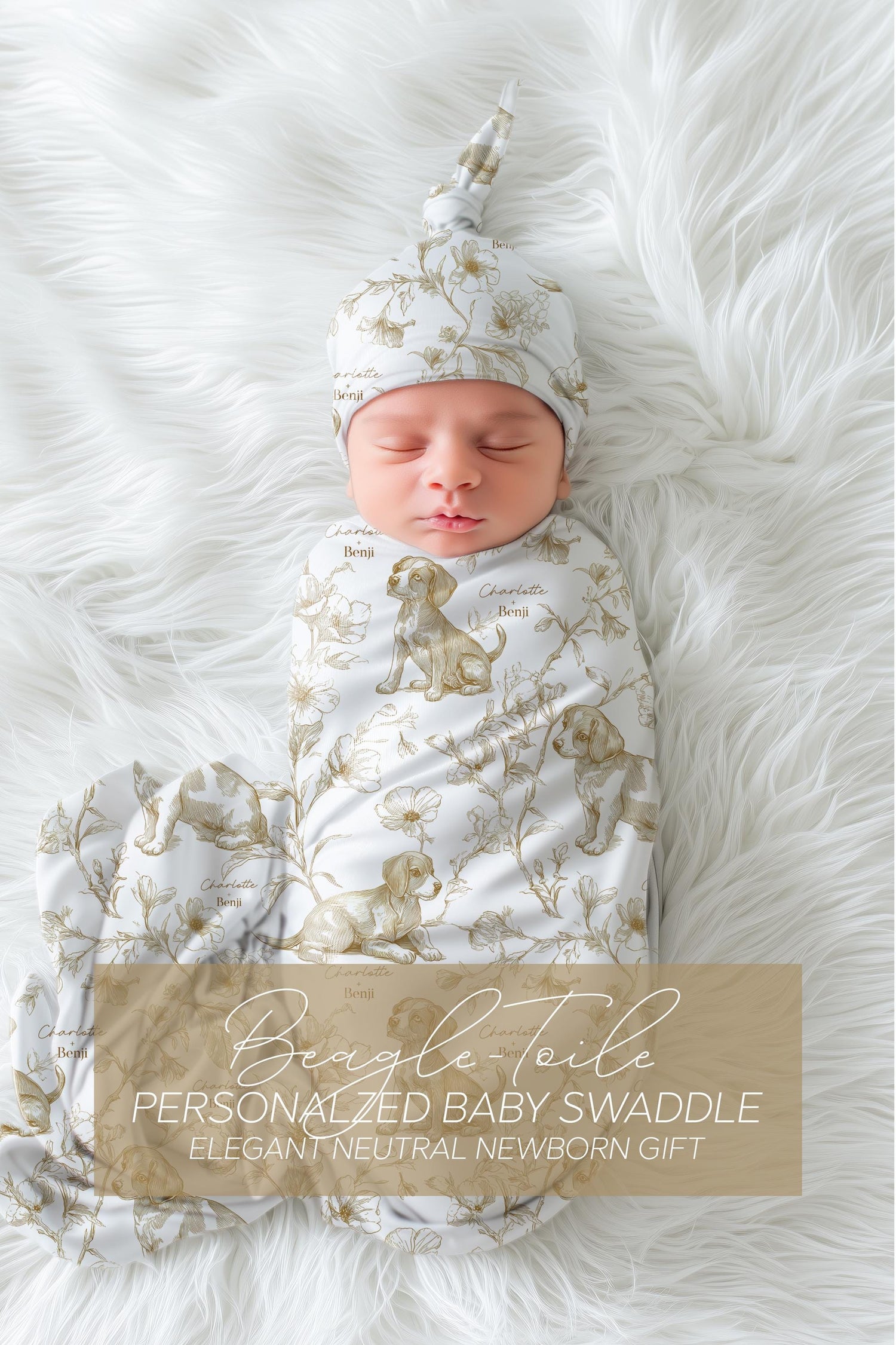 Beagle Baby Gift Personalized Puppy Swaddle Blanket With Name Newborn Girl Hospital Photo Prop Floral Toile Dog Print Custom Shower Present - Charles Alex