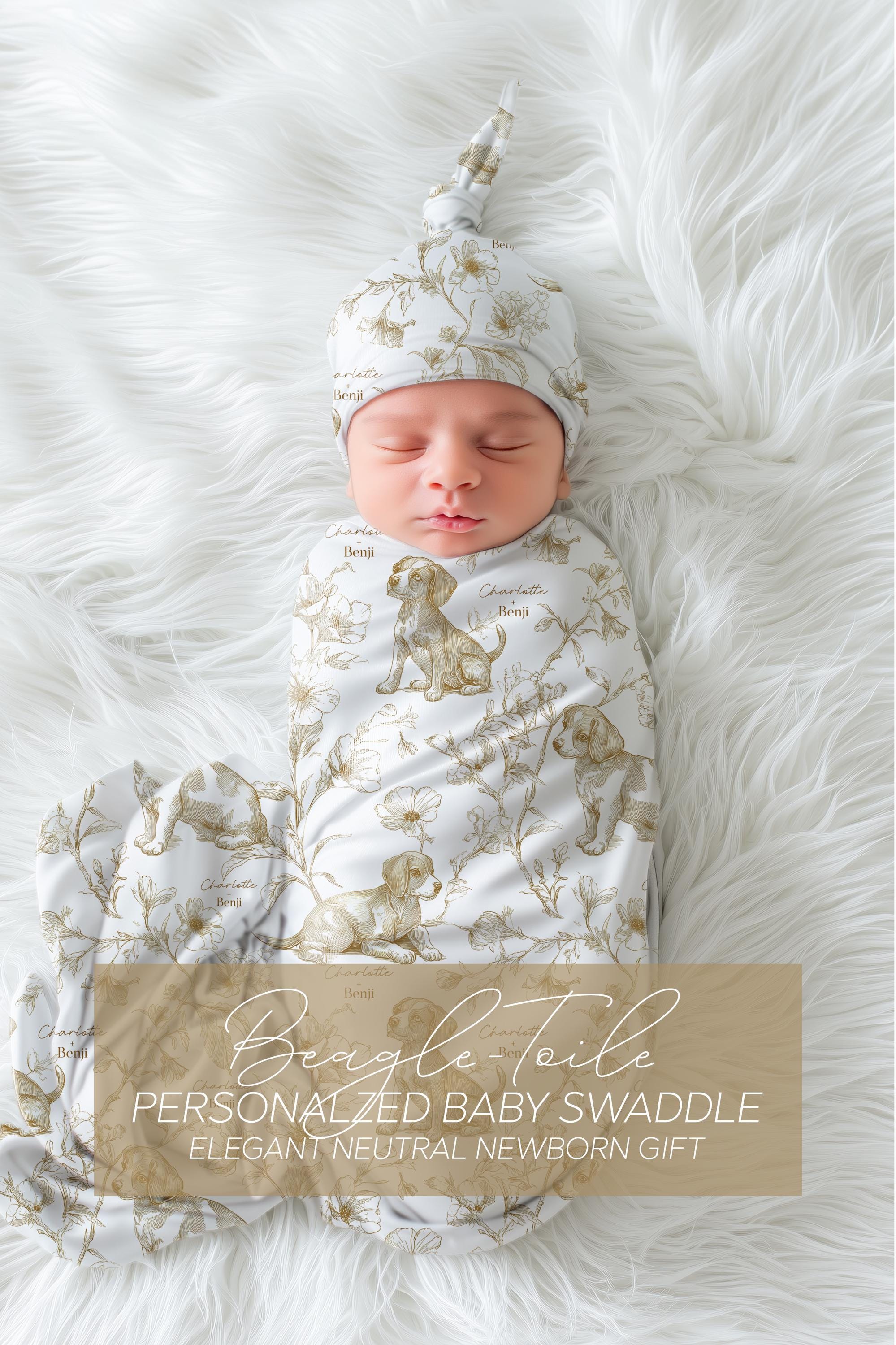 Beagle Baby Gift Personalized Puppy Swaddle Blanket With Name Newborn Girl Hospital Photo Prop Floral Toile Dog Print Custom Shower Present - Charles Alex