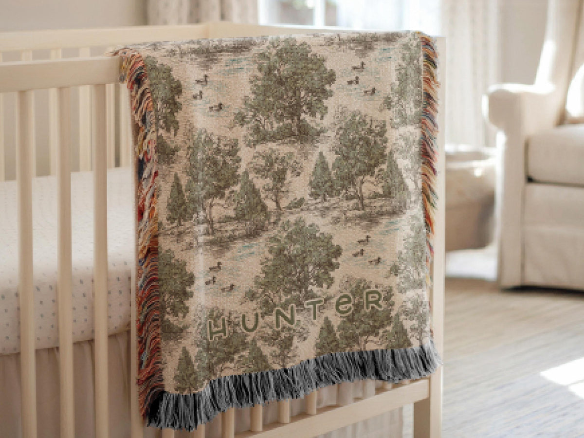 Personalized Duck Hunting Nursery Blanket Woodland Toile Baby Minky or Woven Throw Custom Name Neutral Heirloom Baby Gift for Boy Photo Prop - Charles Alex