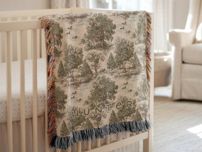 Personalized Duck Hunting Nursery Blanket Woodland Toile Baby Minky or Woven Throw Custom Name Neutral Heirloom Baby Gift for Boy Photo Prop - Charles Alex