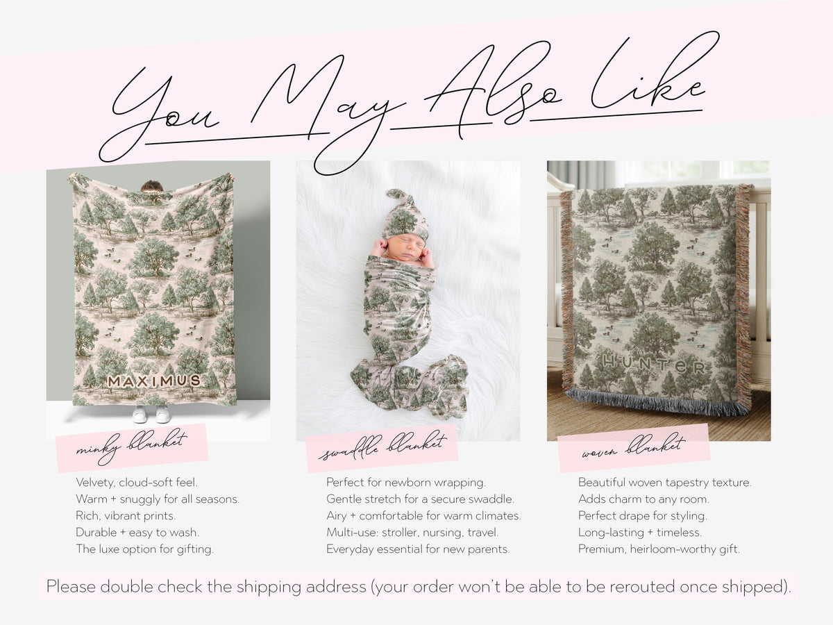 Personalized Duck Hunting Nursery Blanket Woodland Toile Baby Minky or Woven Throw Custom Name Neutral Heirloom Baby Gift for Boy Photo Prop - Charles Alex