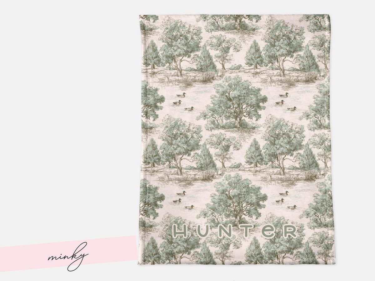 Personalized Duck Hunting Nursery Blanket Woodland Toile Baby Minky or Woven Throw Custom Name Neutral Heirloom Baby Gift for Boy Photo Prop - Charles Alex