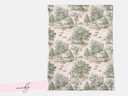 Personalized Duck Hunting Nursery Blanket Woodland Toile Baby Minky or Woven Throw Custom Name Neutral Heirloom Baby Gift for Boy Photo Prop - Charles Alex
