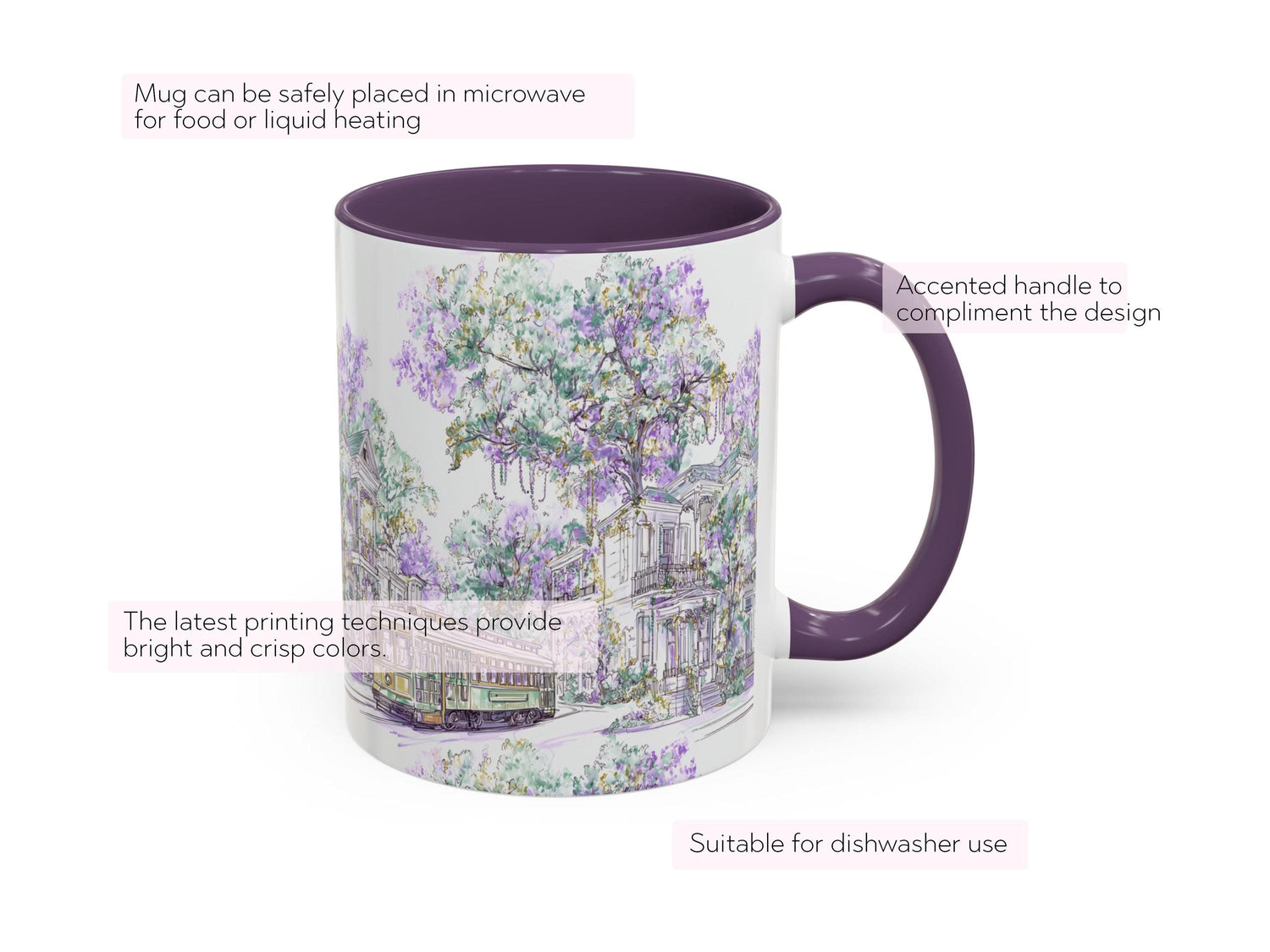 Mardi Gras Coffee Cup New Orleans Streetcar Mug St Charles Avenue Houses Ceramic Gift NOLA Sketch Art Present 11oz 15oz Dishwasher Safe - Charles Alex