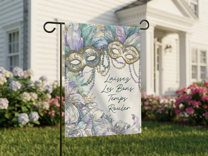 Mardi Gras Garden Flag Masquerade Masks Beads Watercolor New Orleans Decor Laissez Les Bons Temps Rouler Krewe Personalized Yard Banner Sign - Charles Alex