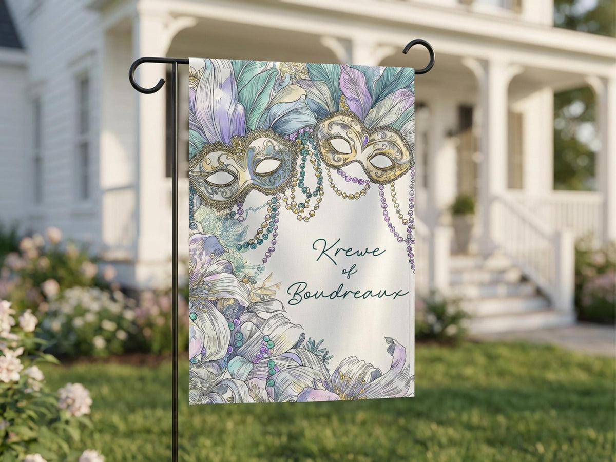 Mardi Gras Garden Flag Masquerade Masks Beads Watercolor New Orleans Decor Laissez Les Bons Temps Rouler Krewe Personalized Yard Banner Sign - Charles Alex