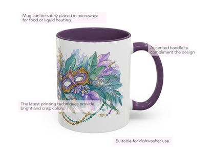 Mardi Gras Coffee Mug Mask Beads Watercolor Floral Green Carnival NOLA Lover New Orleans Gift Ceramic Purple Accent Handle Hostess Present - Charles Alex