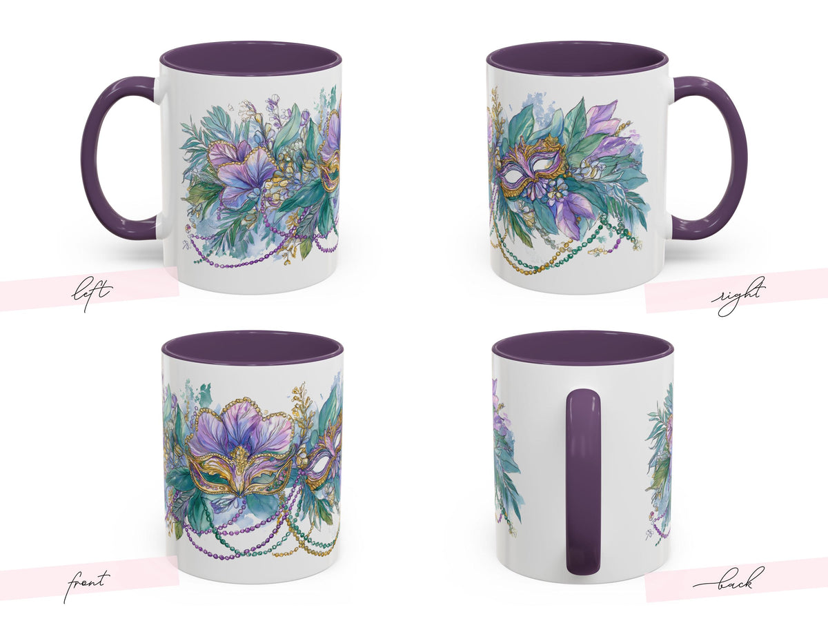 Mardi Gras Coffee Mug Mask Beads Watercolor Floral Green Carnival NOLA Lover New Orleans Gift Ceramic Purple Accent Handle Hostess Present - Charles Alex