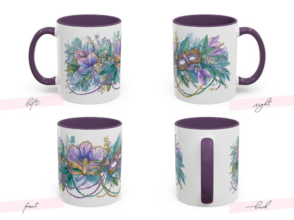 Mardi Gras Coffee Mug Mask Beads Watercolor Floral Green Carnival NOLA Lover New Orleans Gift Ceramic Purple Accent Handle Hostess Present - Charles Alex
