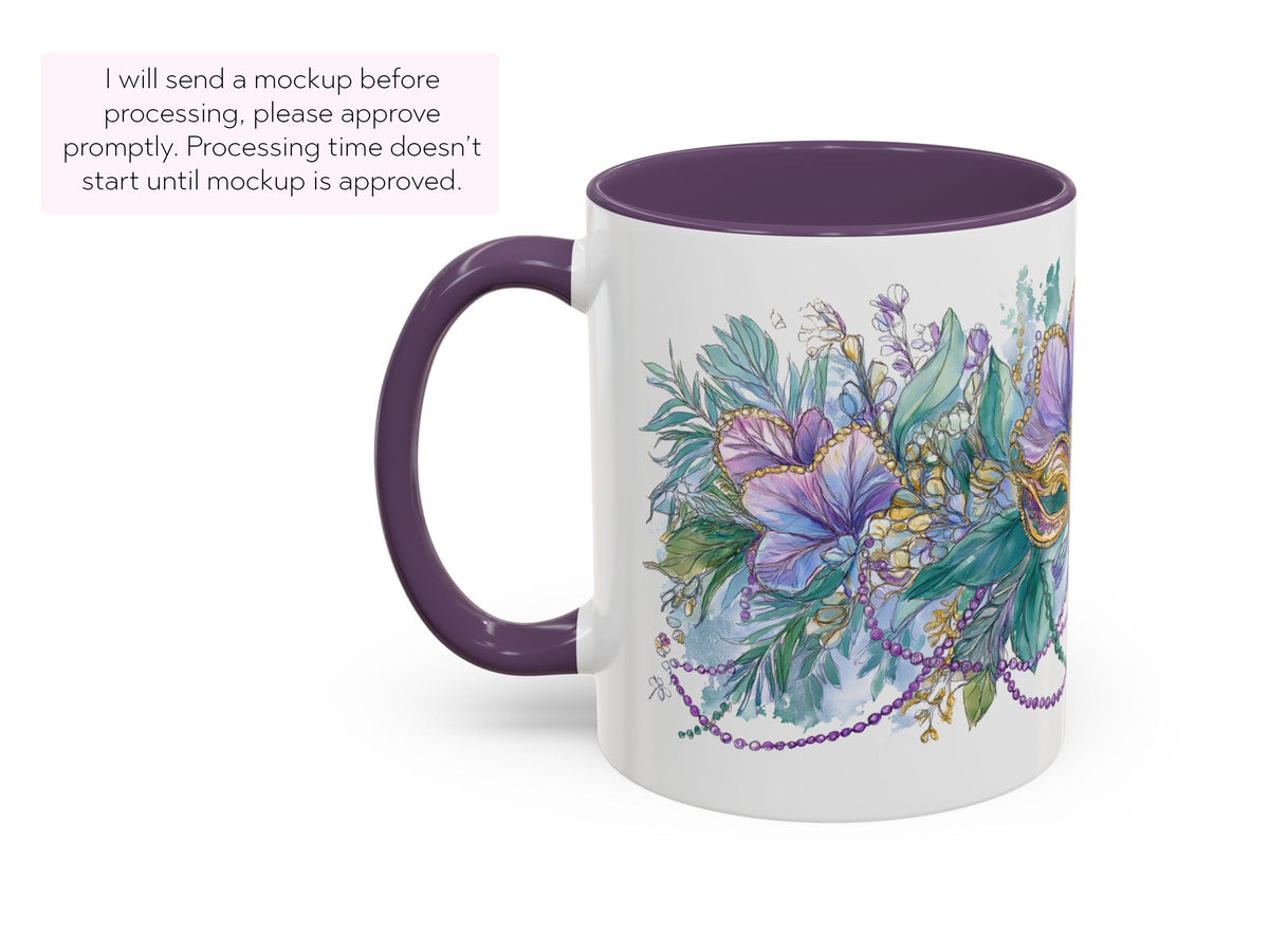 Mardi Gras Coffee Mug Mask Beads Watercolor Floral Green Carnival NOLA Lover New Orleans Gift Ceramic Purple Accent Handle Hostess Present - Charles Alex
