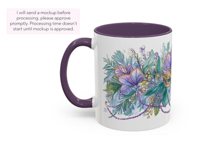 Mardi Gras Coffee Mug Mask Beads Watercolor Floral Green Carnival NOLA Lover New Orleans Gift Ceramic Purple Accent Handle Hostess Present - Charles Alex