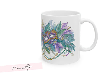 Mardi Gras Coffee Mug Mask Beads Watercolor Floral Green Carnival NOLA Lover New Orleans Gift Ceramic Purple Accent Handle Hostess Present - Charles Alex