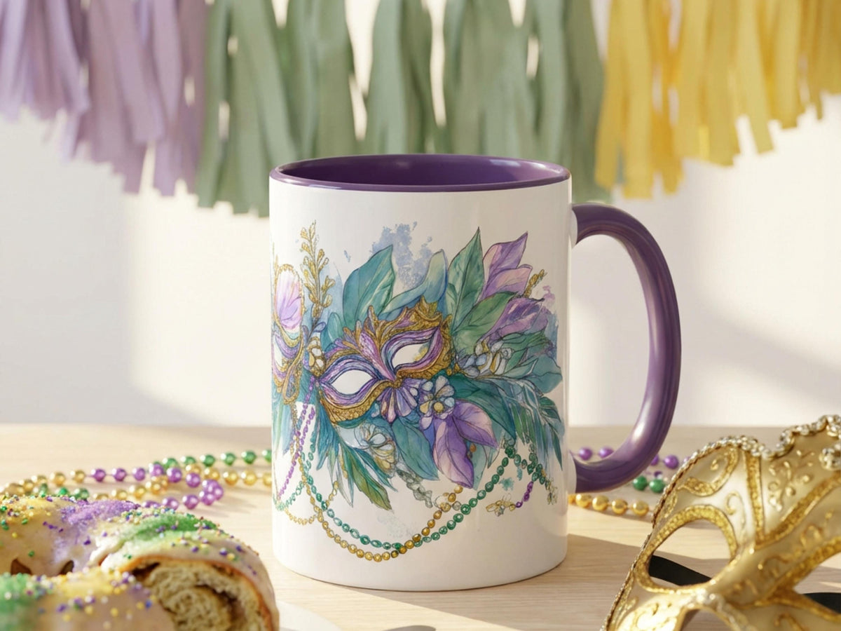 Mardi Gras Coffee Mug Mask Beads Watercolor Floral Green Carnival NOLA Lover New Orleans Gift Ceramic Purple Accent Handle Hostess Present - Charles Alex