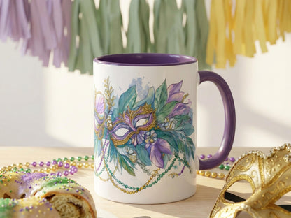 Mardi Gras Coffee Mug Mask Beads Watercolor Floral Green Carnival NOLA Lover New Orleans Gift Ceramic Purple Accent Handle Hostess Present - Charles Alex