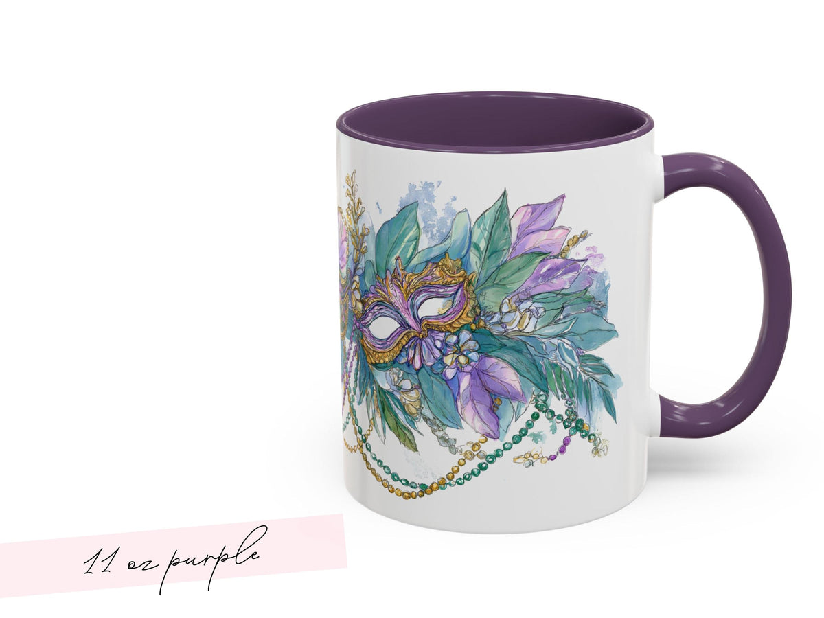 Mardi Gras Coffee Mug Mask Beads Watercolor Floral Green Carnival NOLA Lover New Orleans Gift Ceramic Purple Accent Handle Hostess Present - Charles Alex