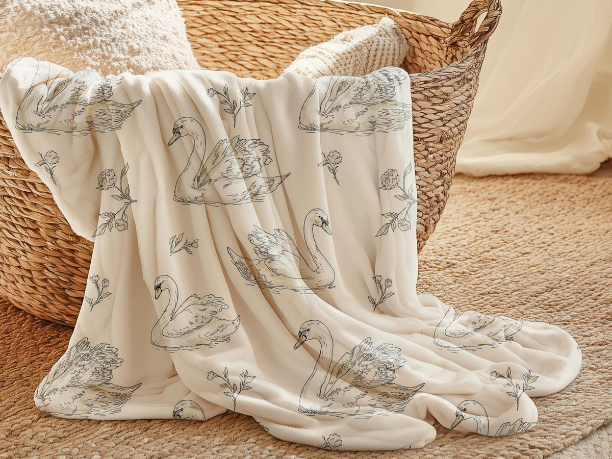 Elegant Swan Baby Blanket Personalized Minky Name Neutral Nursery Decor Heirloom Keepsake Woven Throw Newborn Girl Gift Sherpa Crib Bedding - Charles Alex