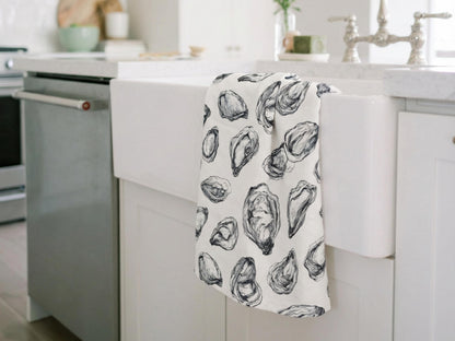Coastal Oyster Tea Towel Line Art Shell Pattern Cotton Microfiber Kitchen Drying Cloth Absorbent Reusable Decor Housewarming Hostess Gift - Charles Alex