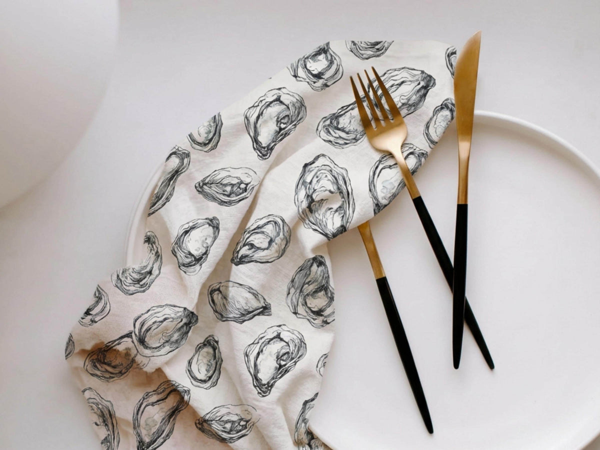 Coastal Oyster Tea Towel Line Art Shell Pattern Cotton Microfiber Kitchen Drying Cloth Absorbent Reusable Decor Housewarming Hostess Gift - Charles Alex