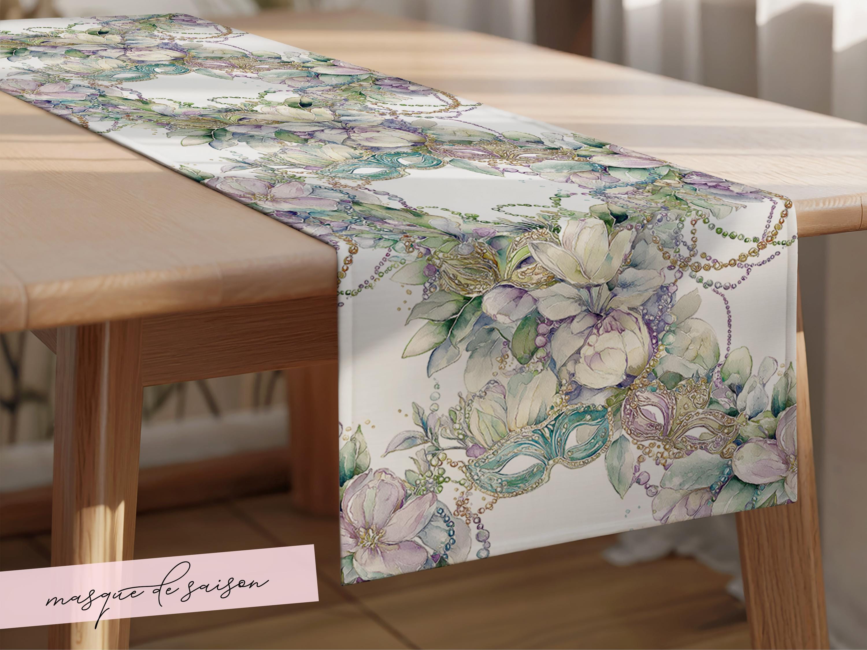 Mardi Gras Table Runner Elegant Masquerade Floral Decor New Orleans Carnival Dining Table Centerpiece Hostess Gift Sophisticated Mask Beads - Charles Alex