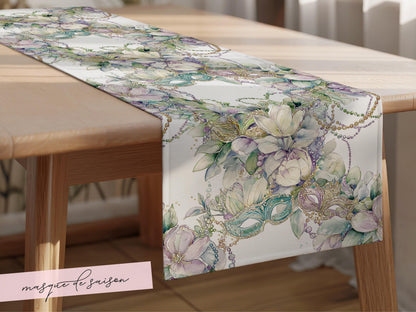 Mardi Gras Table Runner Elegant Masquerade Floral Decor New Orleans Carnival Dining Table Centerpiece Hostess Gift Sophisticated Mask Beads - Charles Alex