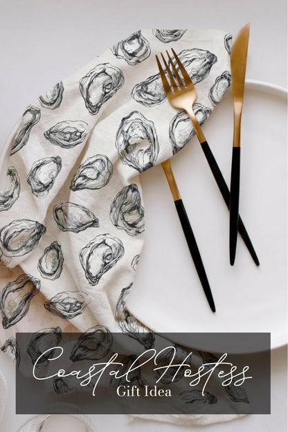 Coastal Oyster Tea Towel Line Art Shell Pattern Cotton Microfiber Kitchen Drying Cloth Absorbent Reusable Decor Housewarming Hostess Gift - Charles Alex