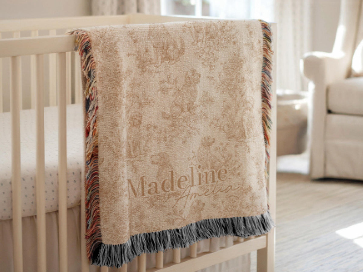 Personalized Golden Retriever Toile Blanket Heirloom Nursery Decor Custom Name Woven Throw Newborn Gift Dog Print Minky Baby Shower Present - Charles Alex