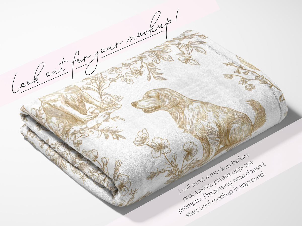 Personalized Golden Retriever Toile Blanket Heirloom Nursery Decor Custom Name Woven Throw Newborn Gift Dog Print Minky Baby Shower Present - Charles Alex