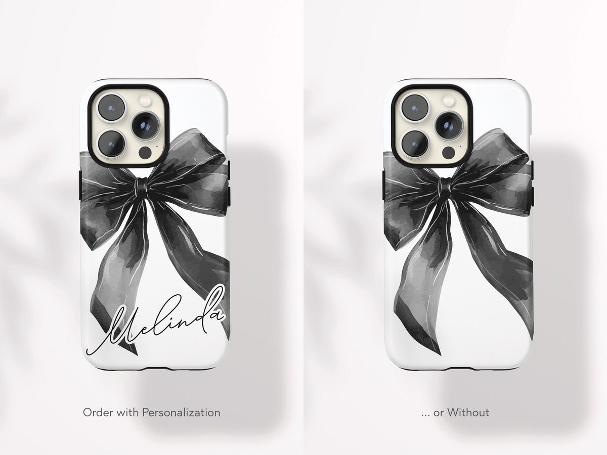 Personalized Bow iPhone Case Custom Name Coquette Watercolor Valentines Day Gift For Her Preppy Girly Drop Protection Impact Resistant Cover - Charles Alex