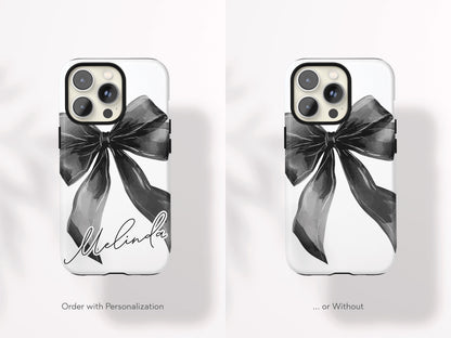 Personalized Bow iPhone Case Custom Name Coquette Watercolor Valentines Day Gift For Her Preppy Girly Drop Protection Impact Resistant Cover - Charles Alex