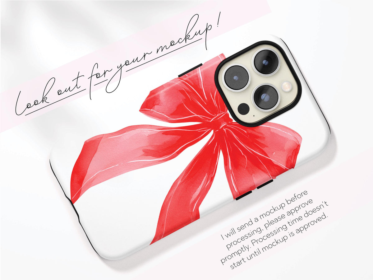 Personalized Bow iPhone Case Custom Name Coquette Watercolor Valentines Day Gift For Her Preppy Girly Drop Protection Impact Resistant Cover - Charles Alex