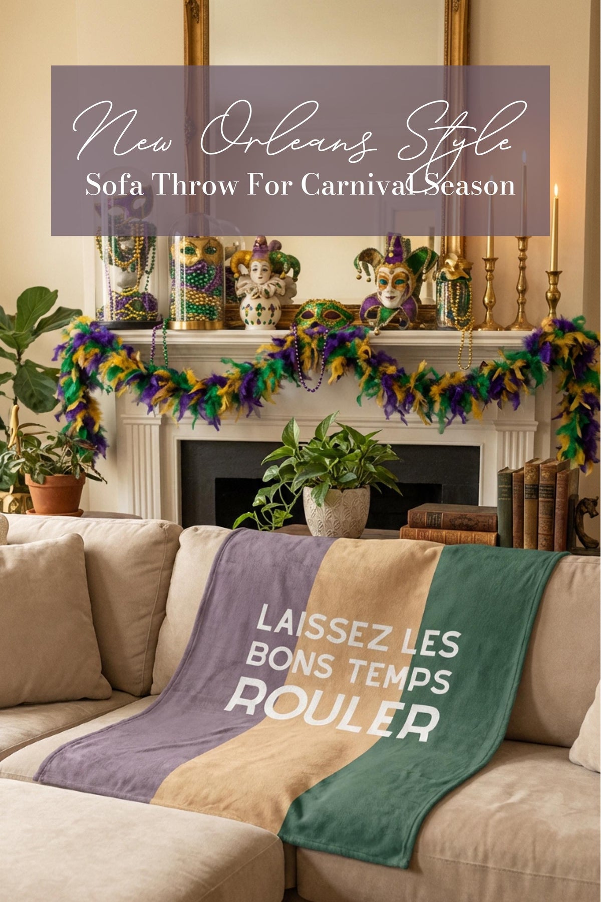 Mardi Gras Parade Route Cozy Blanket Laissez Les Bons Temps Rouler Throw St Charles Avenue Purple Green Gold Colors NOLA Home Decor Carnival - Charles Alex