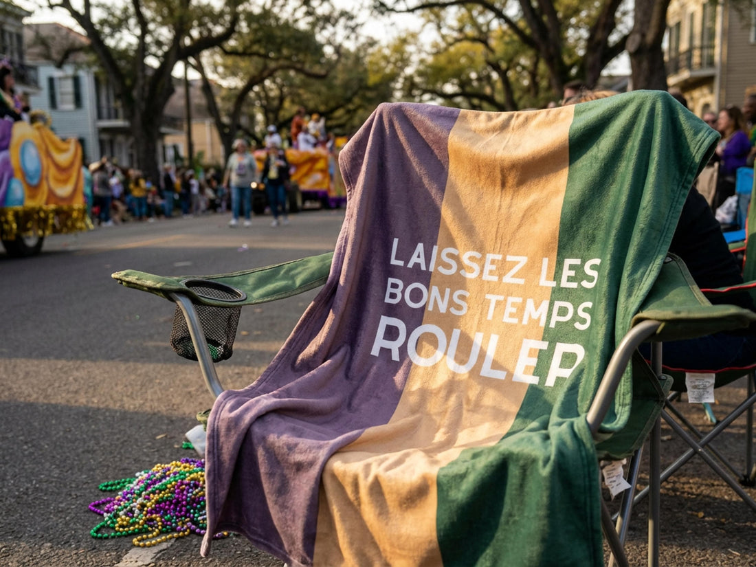 Mardi Gras Parade Route Cozy Blanket Laissez Les Bons Temps Rouler Throw St Charles Avenue Purple Green Gold Colors NOLA Home Decor Carnival