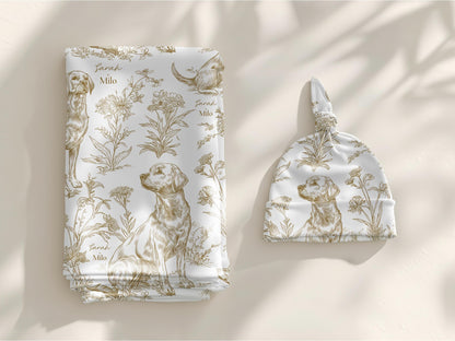 Toile Labrador Retriever Baby Blanket Swaddle Personalized Set Custom Dog Name Floral Yellow Lab Nursery Throw Newborn Photography Prop Gift - Charles Alex