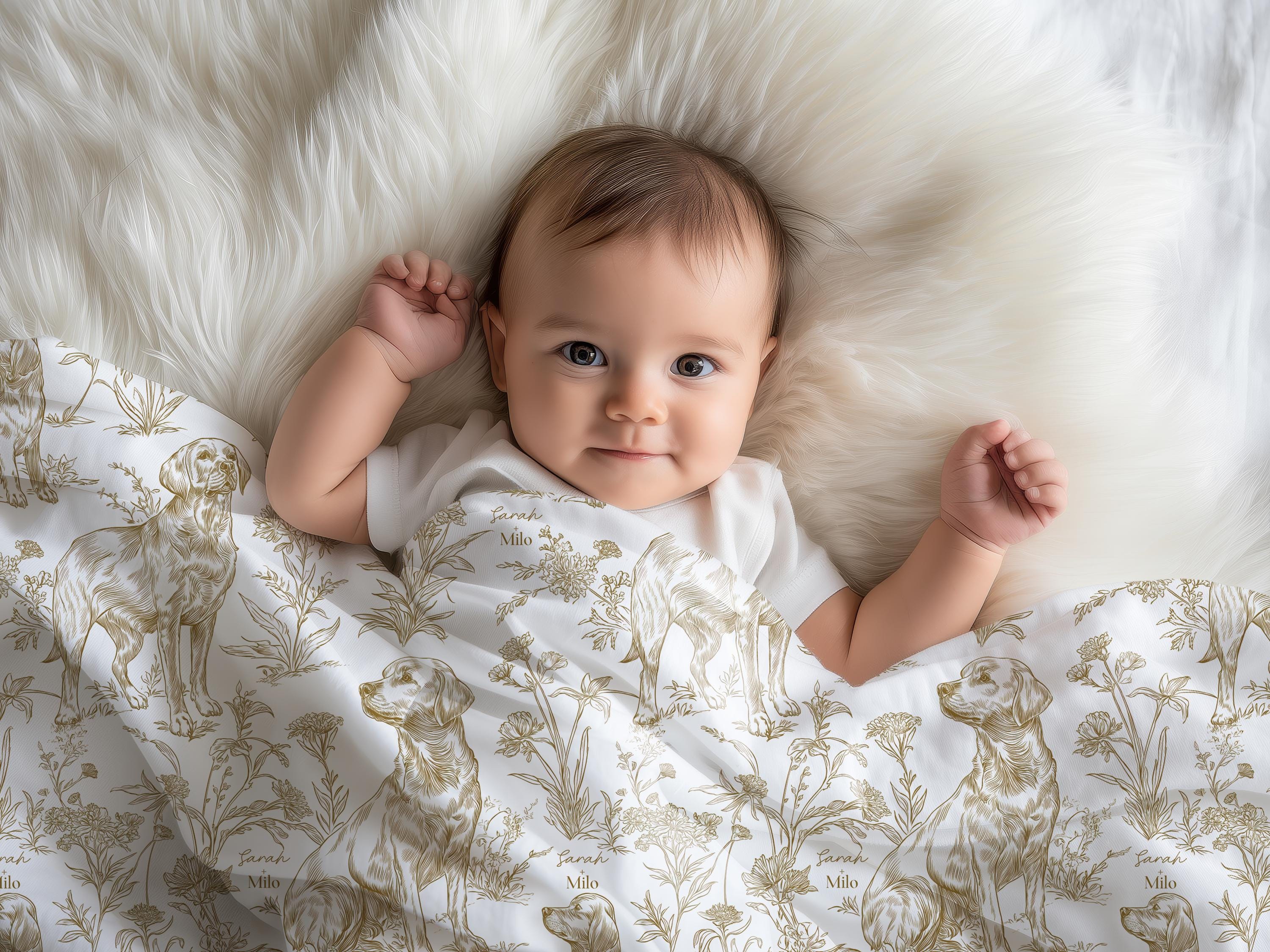 Toile Labrador Retriever Baby Blanket Swaddle Personalized Set Custom Dog Name Floral Yellow Lab Nursery Throw Newborn Photography Prop Gift - Charles Alex