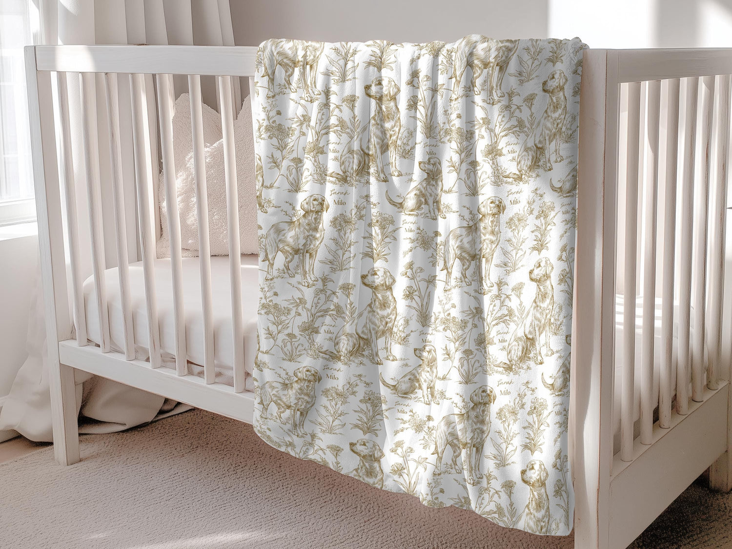Toile Labrador Retriever Baby Blanket Swaddle Personalized Set Custom Dog Name Floral Yellow Lab Nursery Throw Newborn Photography Prop Gift - Charles Alex