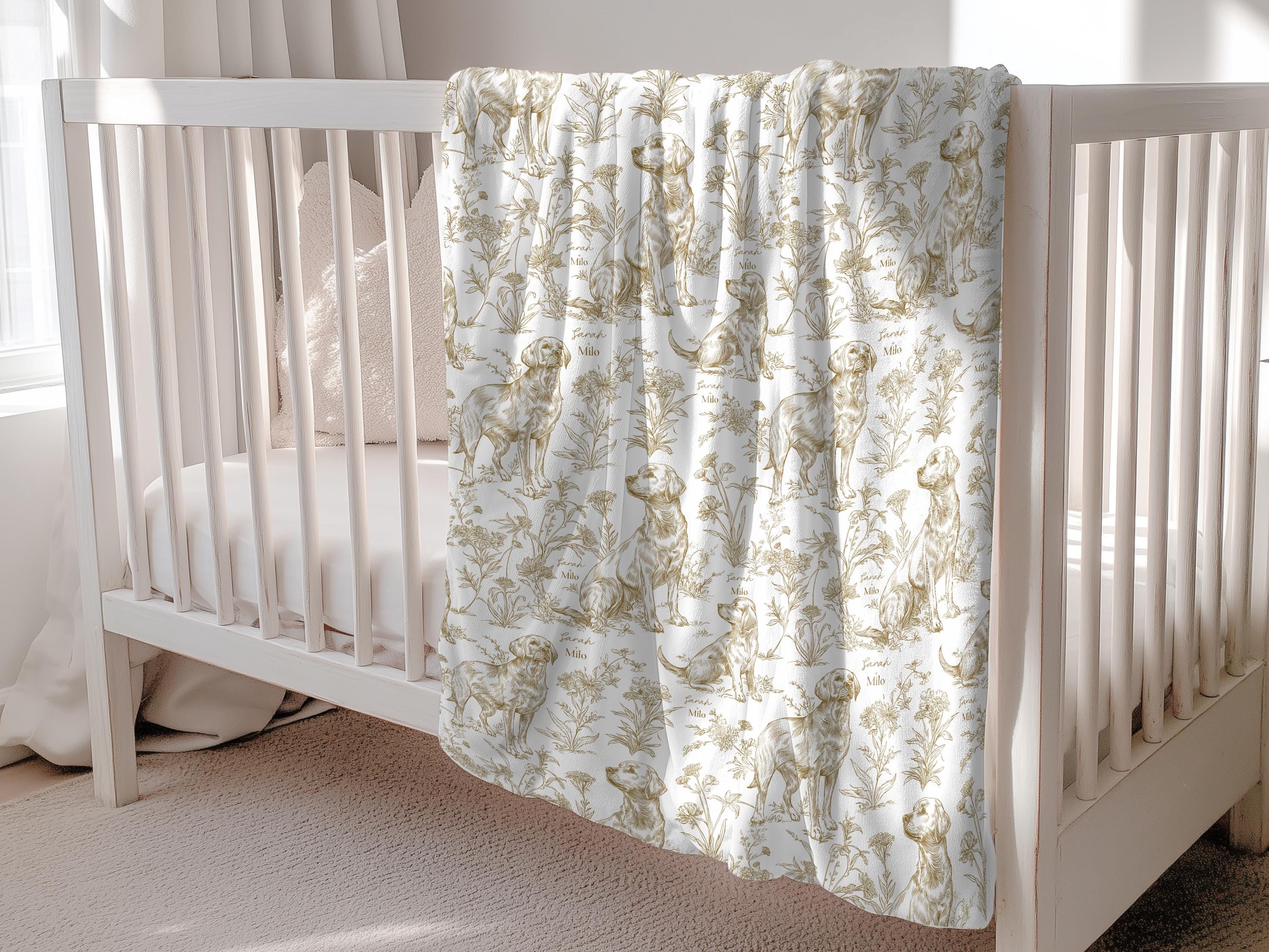 Toile Labrador Retriever Baby Blanket Swaddle Personalized Set Custom Dog Name Floral Yellow Lab Nursery Throw Newborn Photography Prop Gift - Charles Alex