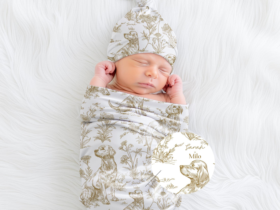 Toile Labrador Retriever Baby Blanket Swaddle Personalized Set Custom Dog Name Floral Yellow Lab Nursery Throw Newborn Photography Prop Gift