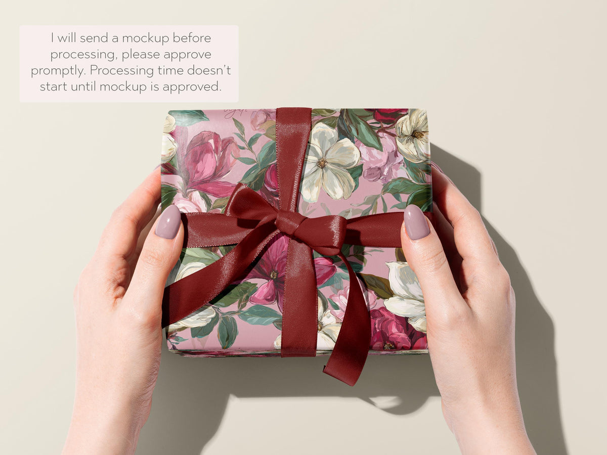 Valentines Magnolia Wrapping Paper Personalized Floral Wrap Romantic Pink Custom Message Gift For Her Anniversary Present Luxury Packaging - Charles Alex